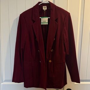 Anne Klein Double-Breasted Wine Blazer with Gold Buttons